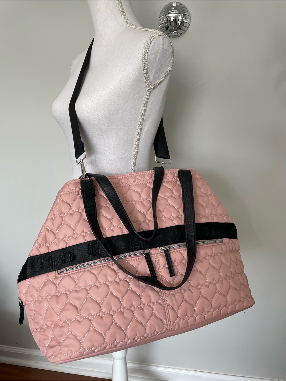 Betsey Johnson Quilted Hearts Weekender Pink Travel Duffle Tote